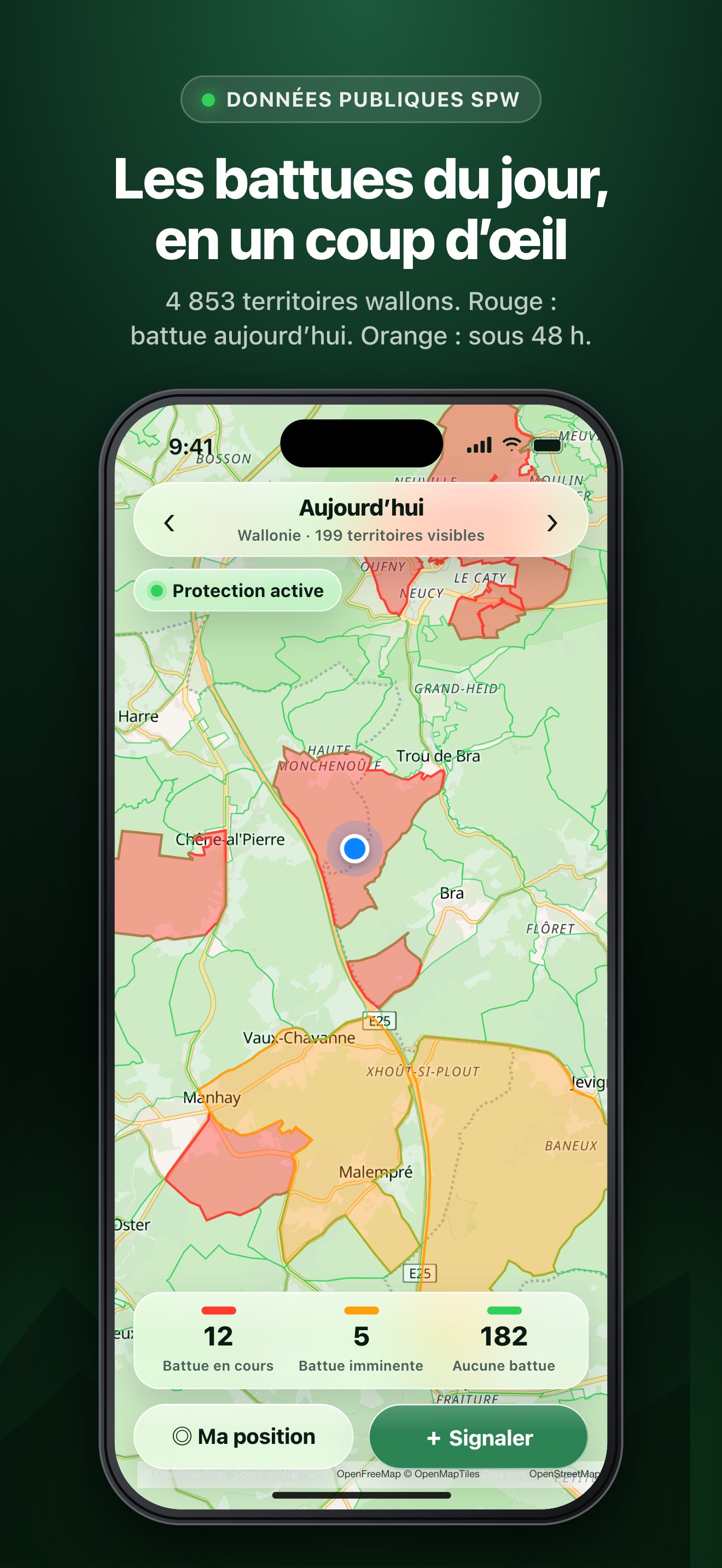 Carte des battues du jour dans l’app Chasses.be